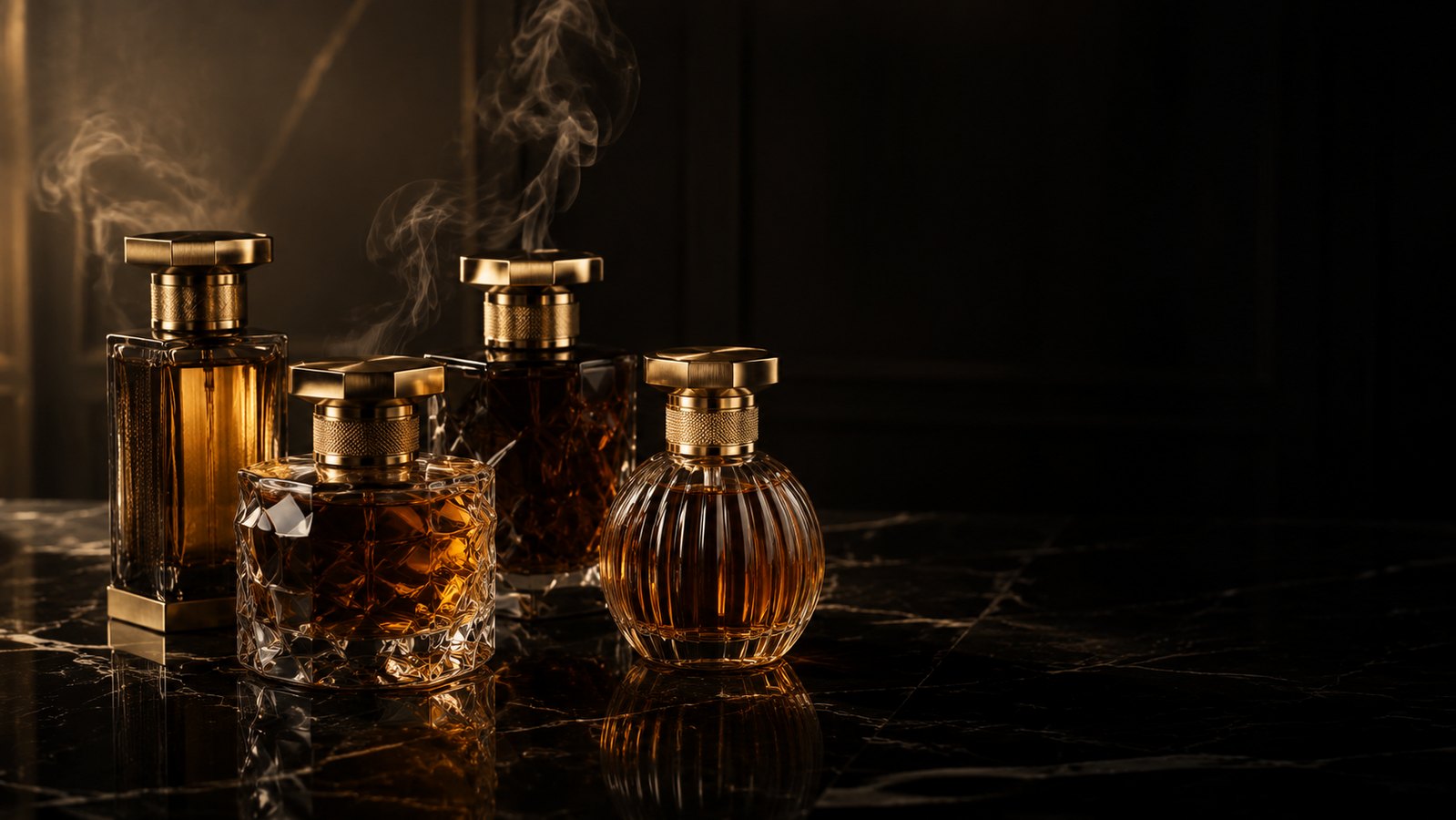 Botellas de perfume de lujo con tapas doradas sobre mármol oscuro